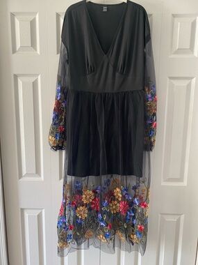 Beautiful Embroidered Dress with Sheer Sleeves & Overskirt